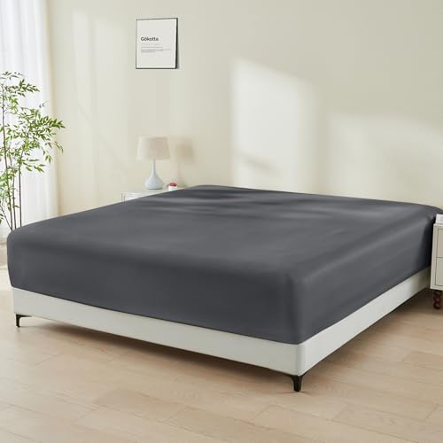 GOKOTTA Fitted Sheet Only - 16 Inch Pocket Bamboo Rayon Fitted Sheet, Super Soft and Cooling Bottom Sheet with 4 Elastic Corner Straps(Dark Grey, King Size) - Image 1