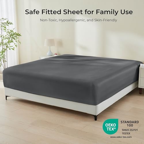 GOKOTTA Fitted Sheet Only - 16 Inch Pocket Bamboo Rayon Fitted Sheet, Super Soft and Cooling Bottom Sheet with 4 Elastic Corner Straps(Dark Grey, King Size) - Image 5
