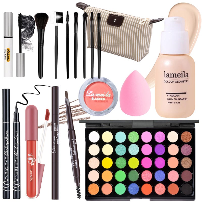 YBUETE Makeup Set Full Kit for Girls Teens Women, Makeup Present Set, Includes Eyeshadow, Foundation, Blusher, Eyebrow Pencil, Mascara, Eyeliner, Brushes, Lip Gloss, Sponge, Cosmetic Bag - Image 1