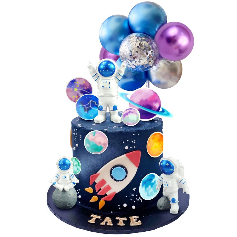 DRWATE 24PCS Space Cake Topper Balloon Cake Topper Planet Cake Topper with Astronauts Purple Blue Sliver Balloons for Kids Outer Space Theme Decoration Boys Girls Baby Shower Galaxy Birthday Party Supplies - Image 1