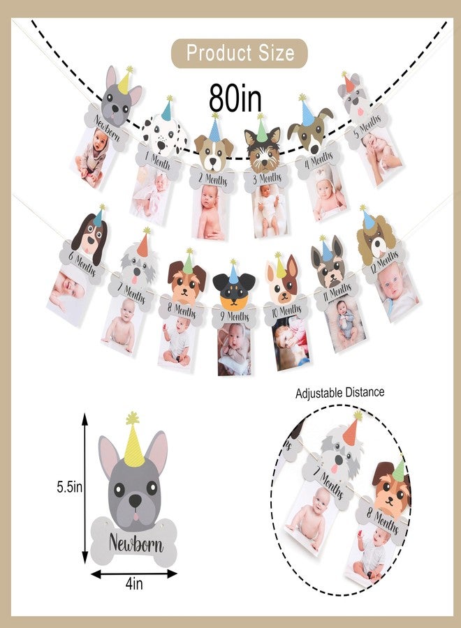 HIKLO Puppy Pawty Milestone Photo Banner - Dog 12 Months Photo Garland, Puppy First Year Banner, Doggie First Birthday Party Decorations, Dog Cake Smash Photo Props for Newborn to 12months Baby - Image 2