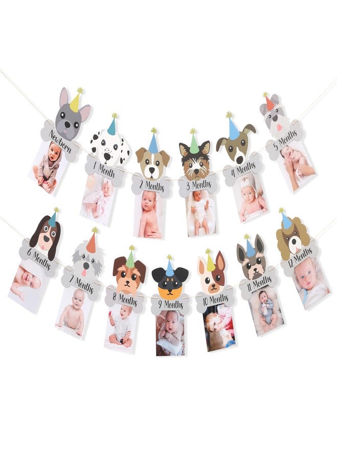 HIKLO Puppy Pawty Milestone Photo Banner - Dog 12 Months Photo Garland, Puppy First Year Banner, Doggie First Birthday Party Decorations, Dog Cake Smash Photo Props for Newborn to 12months Baby - Image 1
