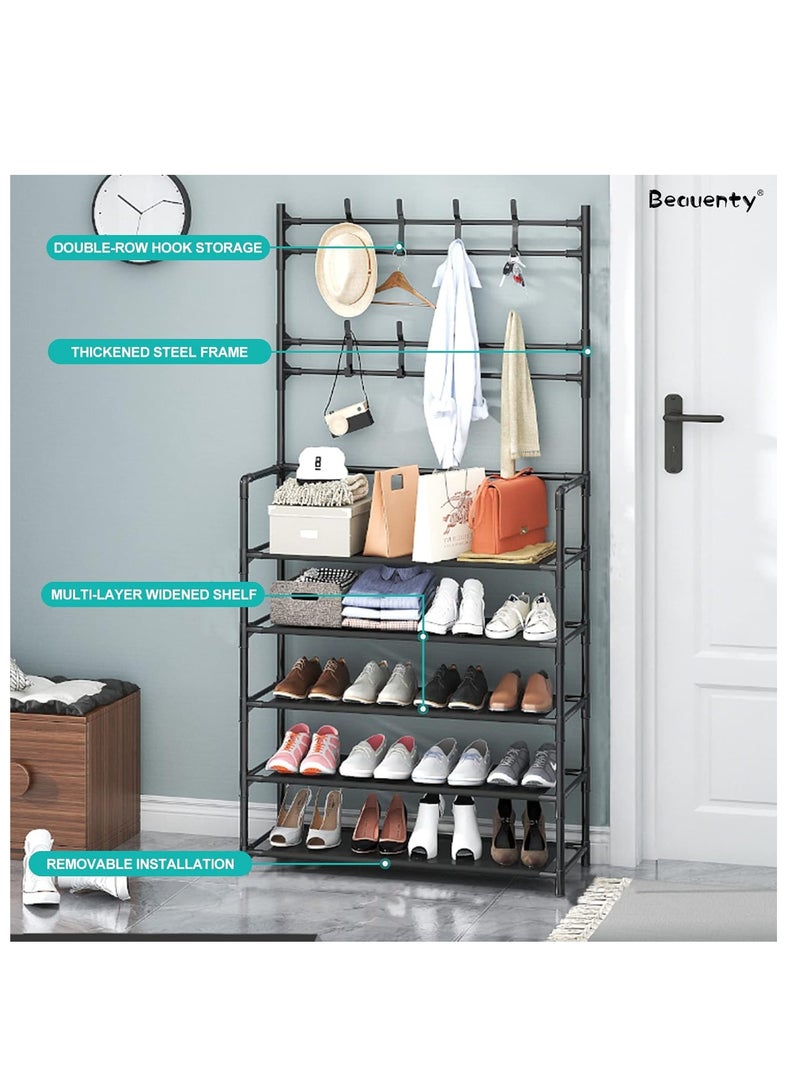 Generic Shoe Racks Storage , Coat and Shoe Rack , Coat Rack with Shoe Storage , Upgrade 5 Tier Shoe Rack , Black Shoe Rack , Shoe Storage Organizer , Shoe Shelf with 8 Hooks for Bedroom - Image 1