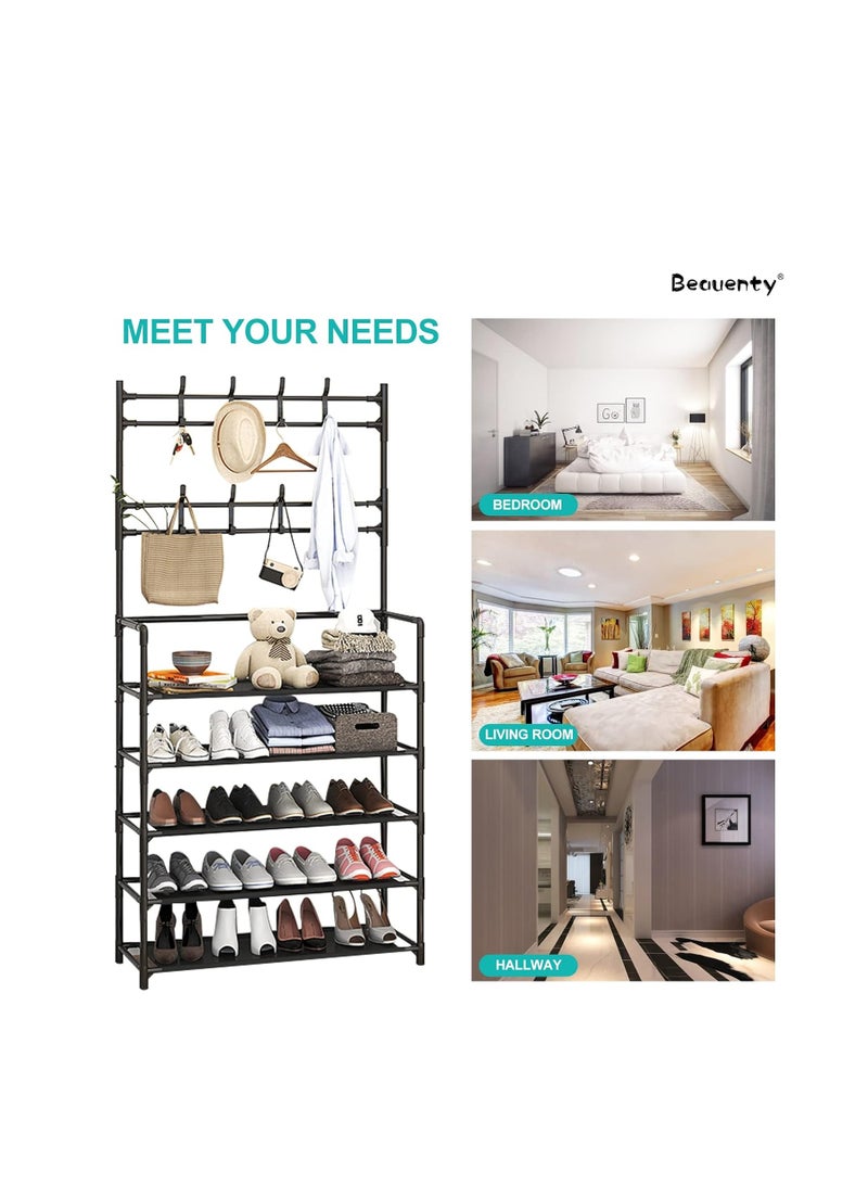 Generic Shoe Racks Storage , Coat and Shoe Rack , Coat Rack with Shoe Storage , Upgrade 5 Tier Shoe Rack , Black Shoe Rack , Shoe Storage Organizer , Shoe Shelf with 8 Hooks for Bedroom - Image 2