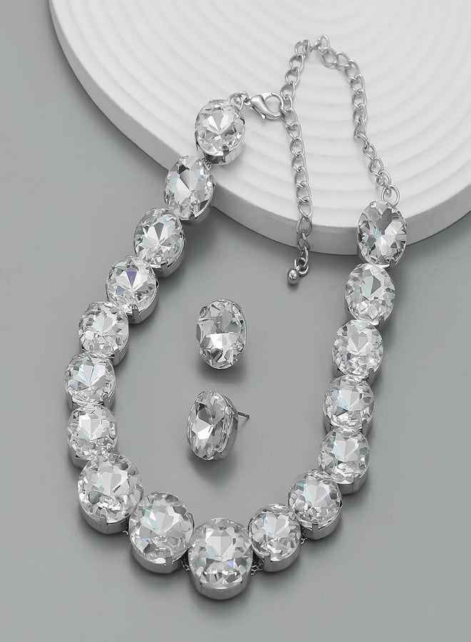 YERTTER Sparkle Full Rhinestone Choker Round Crystal Chain Necklace Earrings Set Crystal Statement Collar Clavicle Choker Necklace for Wedding Women Girls (AB Pink) - Image 4