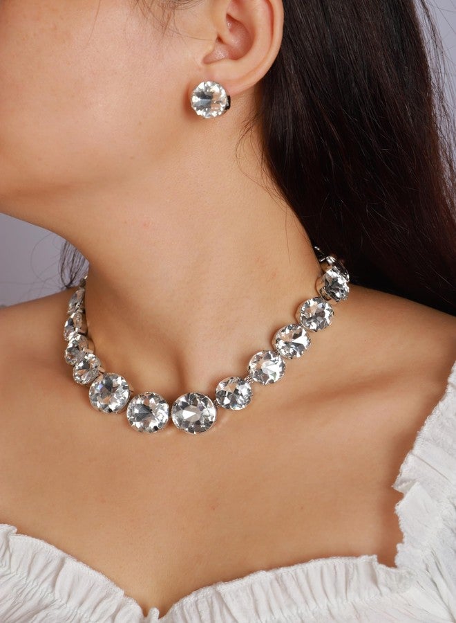 YERTTER Sparkle Full Rhinestone Choker Round Crystal Chain Necklace Earrings Set Crystal Statement Collar Clavicle Choker Necklace for Wedding Women Girls (AB Pink) - Image 3