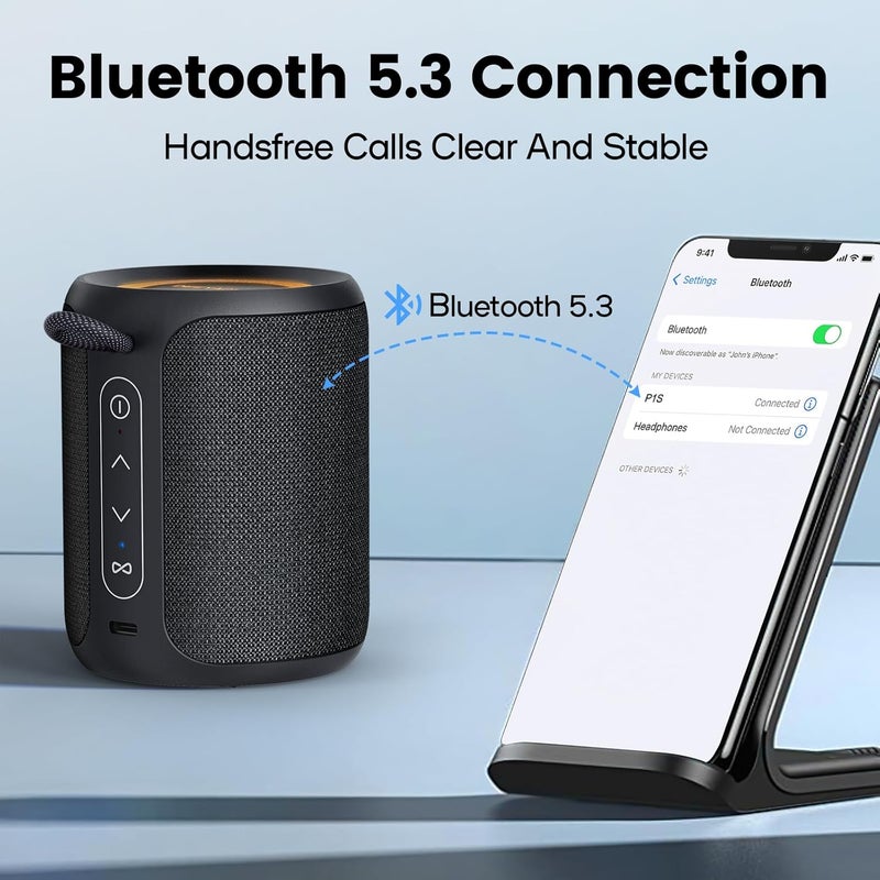 Deeyaple Bluetooth Speaker Small Portable Music Box 5.3 IPX7 Waterproof Wireless Stereo Pairing Hands-Free RGB Light for Outdoor Camping Garden Party Travel 50% Volume 12H Playback Black - Image 5