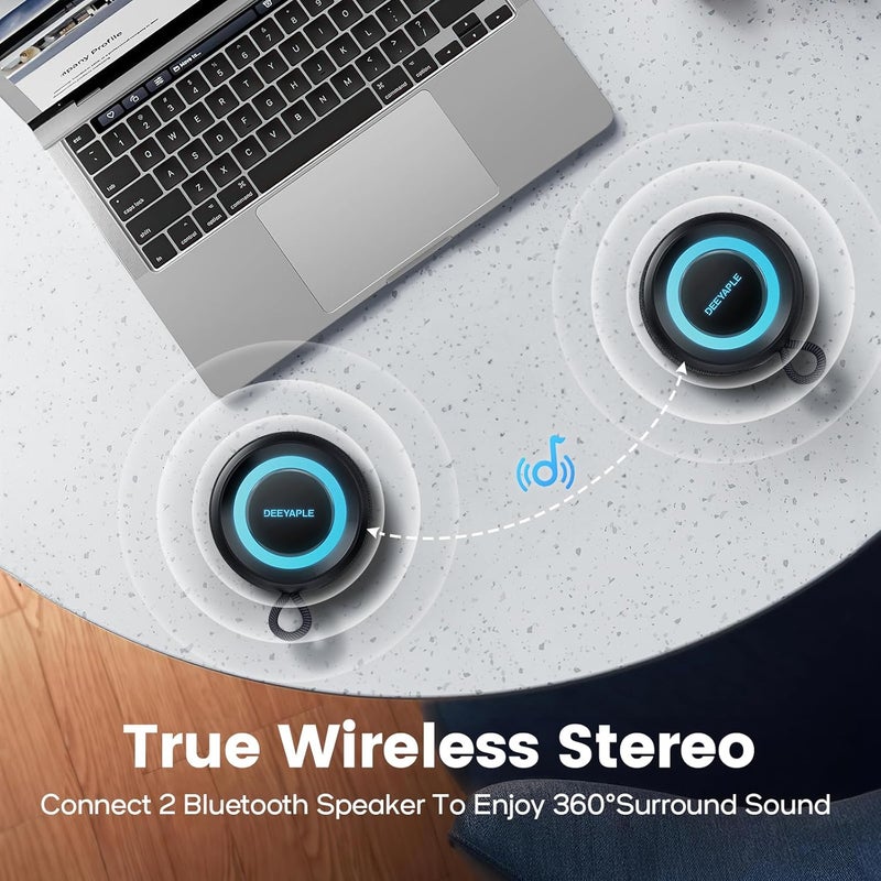 Deeyaple Bluetooth Speaker Small Portable Music Box 5.3 IPX7 Waterproof Wireless Stereo Pairing Hands-Free RGB Light for Outdoor Camping Garden Party Travel 50% Volume 12H Playback Black - Image 2
