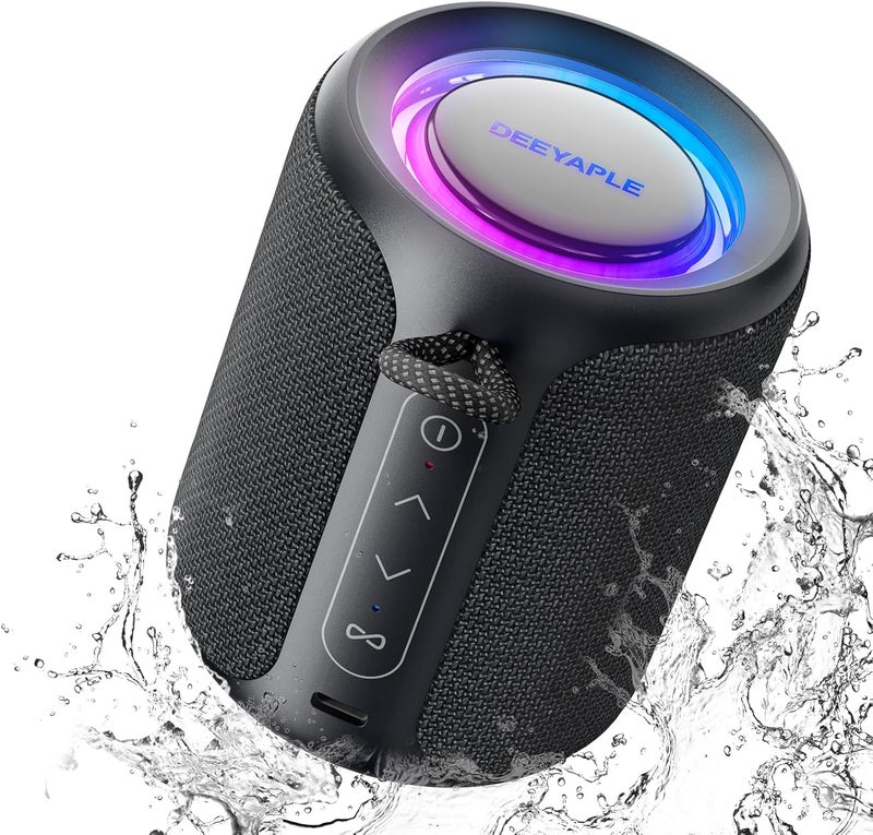 Deeyaple Bluetooth Speaker Small Portable Music Box 5.3 IPX7 Waterproof Wireless Stereo Pairing Hands-Free RGB Light for Outdoor Camping Garden Party Travel 50% Volume 12H Playback Black - Image 1