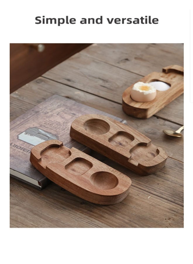 Acacia Wood Egg Tray with Spoon, 3-Compartment Egg Cup Holder with Condiment Section for Breakfast Serving - Image 3