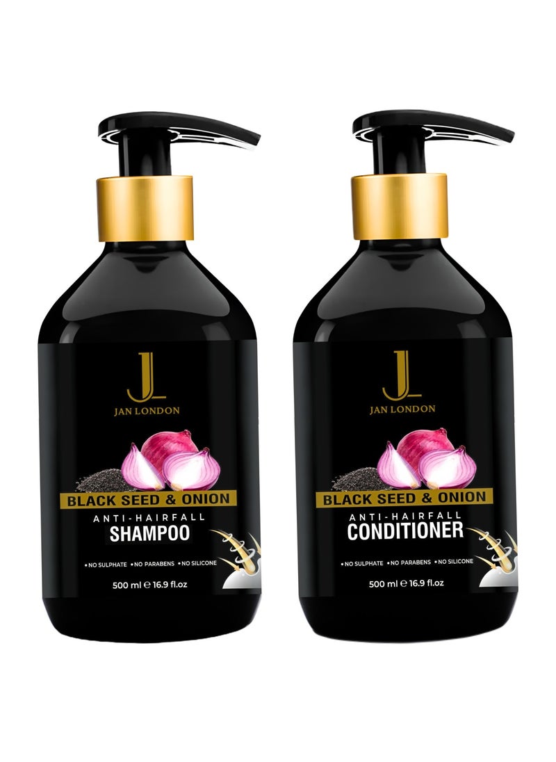 JAN LONDON Black Seed & Onion Anti-Hairfall Shampoo & Conditioner Pack – 2x 500ml | Sulphate, Paraben & Silicone-Free | Strengthens & Nourishes Hair | Promotes Healthy Hair Growth  - Image 1