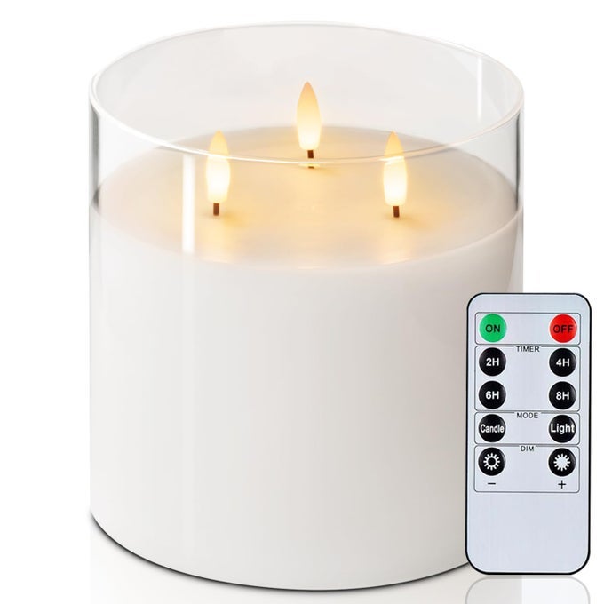6X6 EXTRA LARGE FLAMELESS CANDLE WITH 3 WICKS GLASS LED PILLAR CANDLE REAL WAX BATTERY OPERATED CANDLE WITH REMOTE CONTROL AND TIMER PURE WHITE
