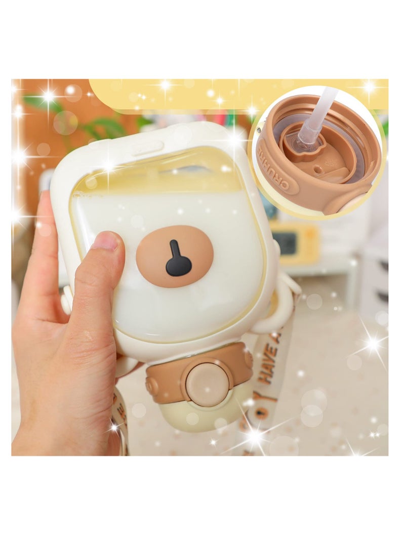 Luckam Kawaii Bear Straw Water Bottle with Shoulder Strap Leak-proof lovely Water Bottles and Kawaii Stickers - Image 4