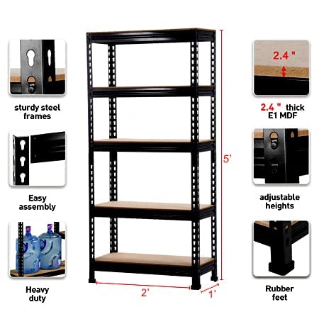 VISHVA 5 Layer Heavy Duty Adjustable Shelving Unit Storage Rack Boltless Multipurpose Racks Black 60H x 24W x 12D - Image 2