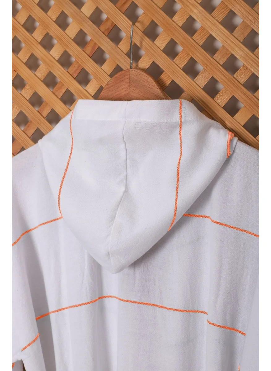 Mira Home Hooded Unisex White Striped Bath Sea Beach Peshtemal Bathrobe Cotton