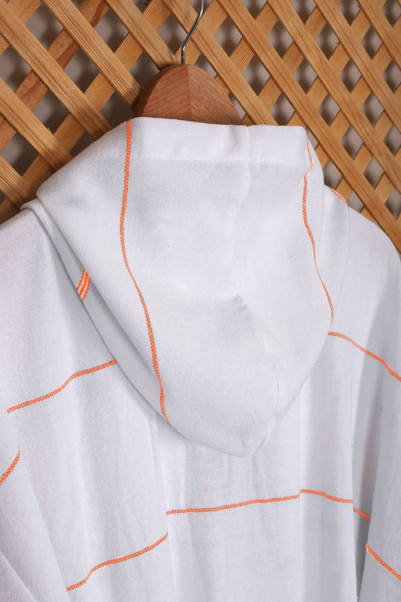 مبرا هوم Hooded Unisex White Striped Bath Sea Beach Peshtemal Bathrobe Cotton