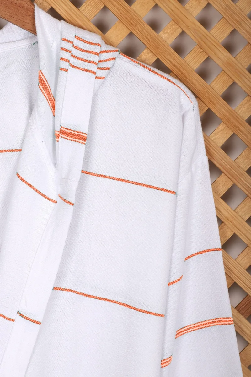 مبرا هوم Hooded Unisex White Striped Bath Sea Beach Peshtemal Bathrobe Cotton