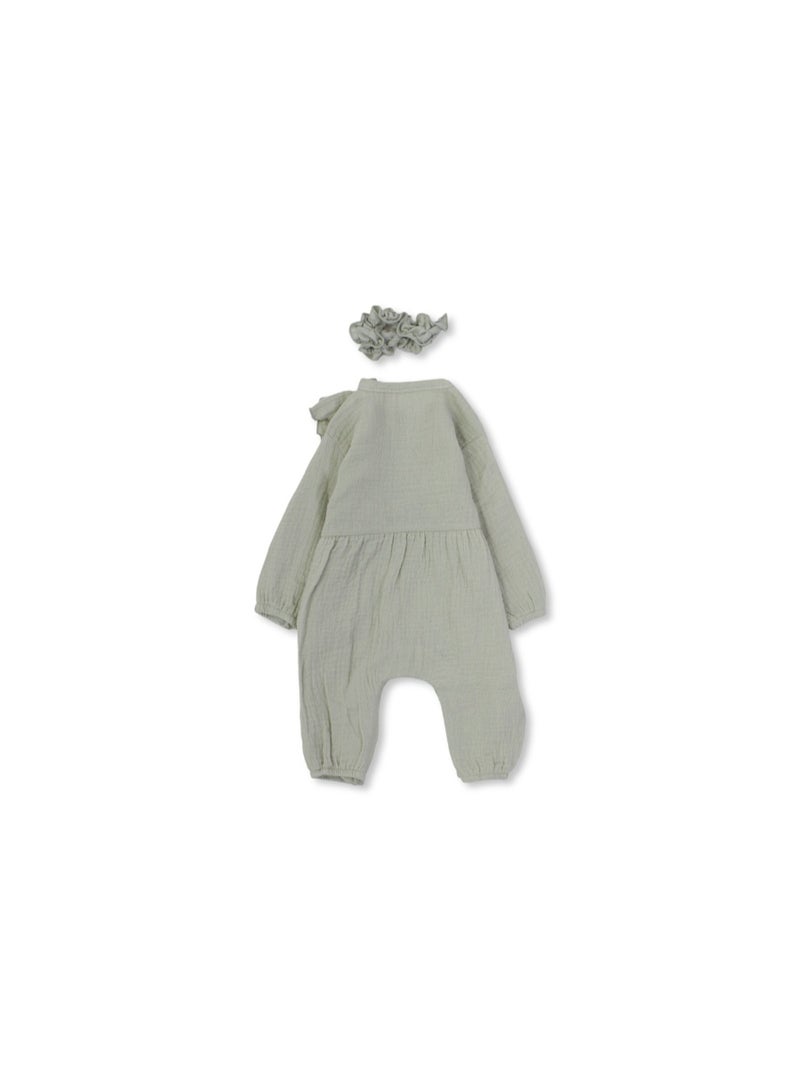 Berceau Baby Girls Linen Footless Onesie – with Ruffle and Hair Tie - Image 2