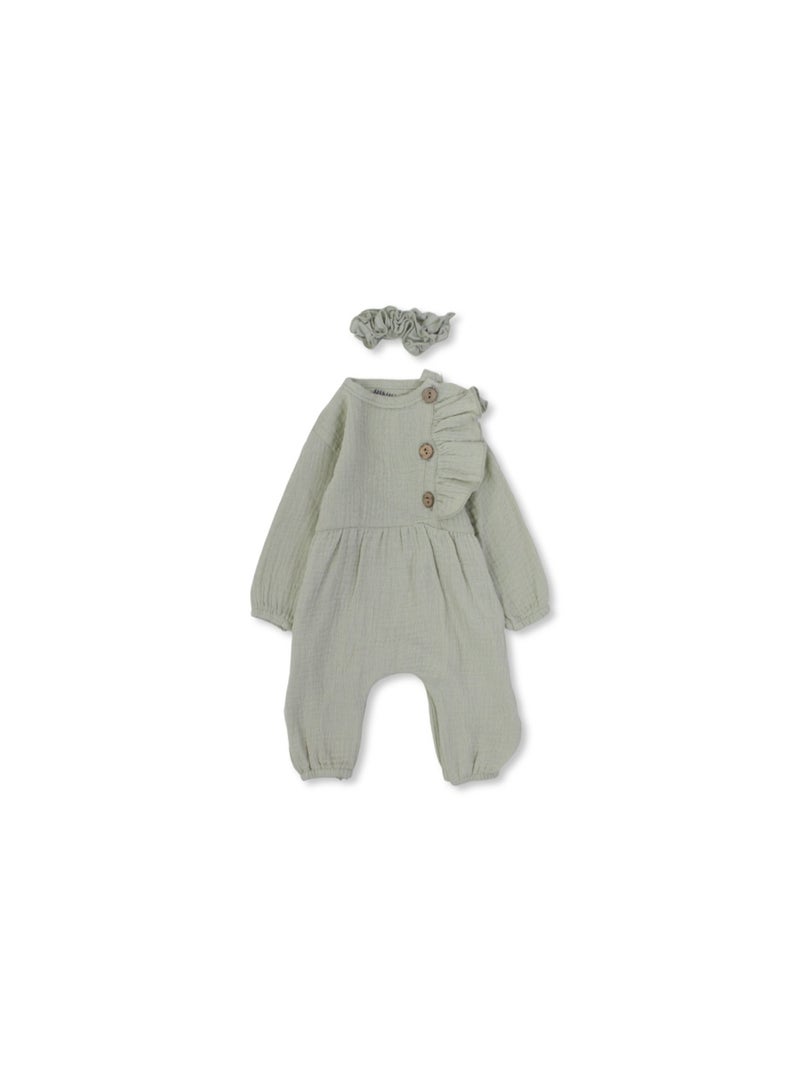 Berceau Baby Girls Linen Footless Onesie – with Ruffle and Hair Tie - Image 1