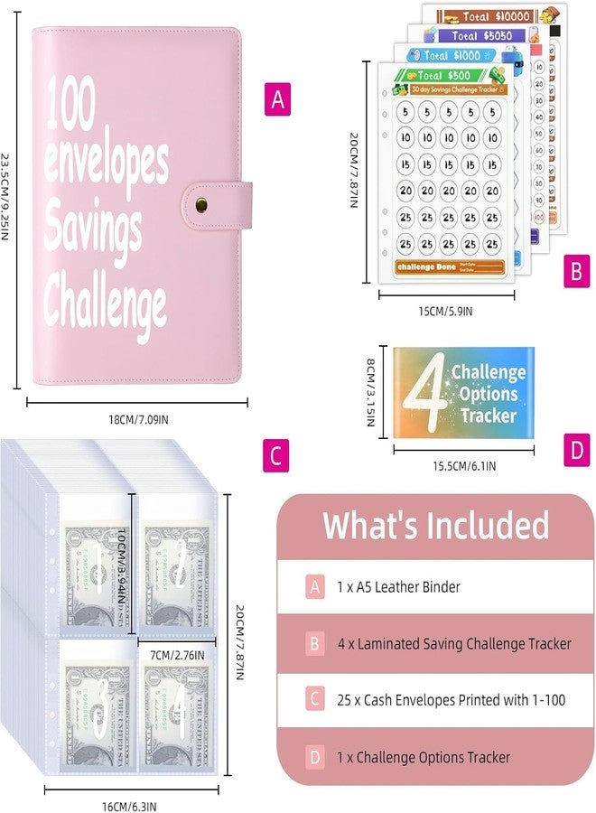 DONBAO 100 Envelopes Money Saving Challenge Binder, Fun and Easy Savings System to Save $5,050, $10,000, $500, $1,000, A5 Budget Binder Planner Book Tracker with Cash Envelopes, Guide (Pink) - Image 2