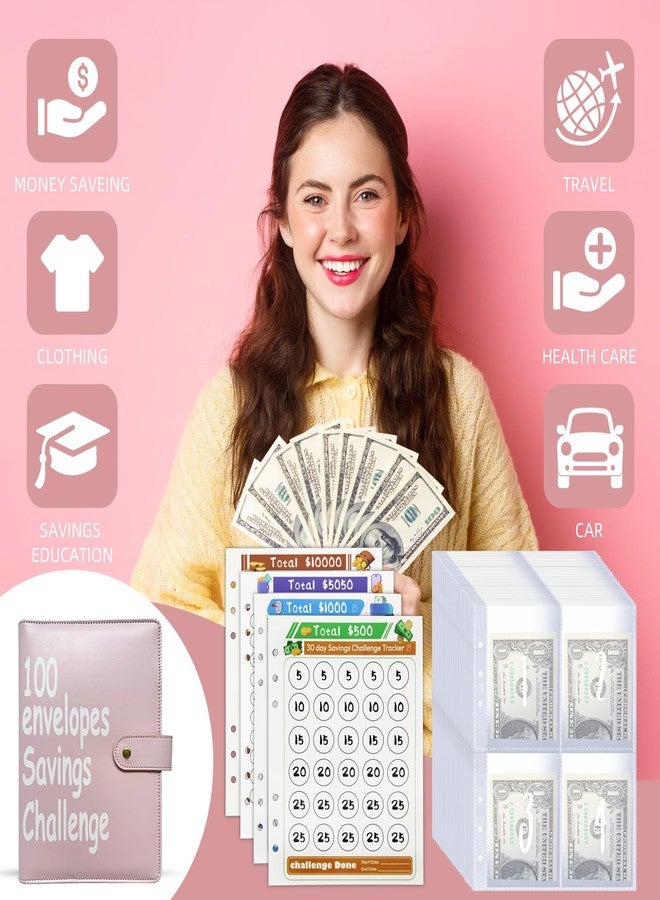 DONBAO 100 Envelopes Money Saving Challenge Binder, Fun and Easy Savings System to Save $5,050, $10,000, $500, $1,000, A5 Budget Binder Planner Book Tracker with Cash Envelopes, Guide (Pink) - Image 5