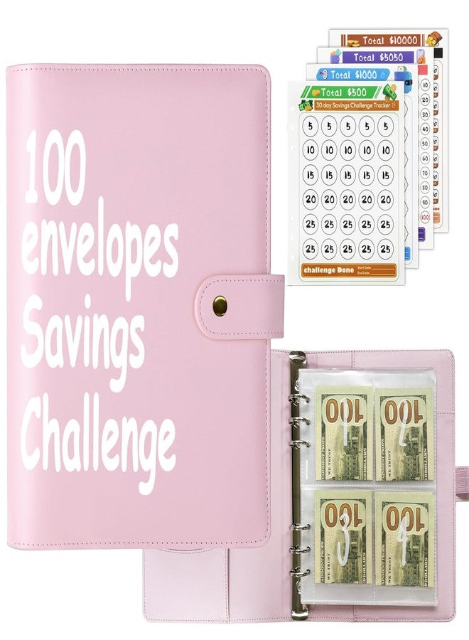 DONBAO 100 Envelopes Money Saving Challenge Binder, Fun and Easy Savings System to Save $5,050, $10,000, $500, $1,000, A5 Budget Binder Planner Book Tracker with Cash Envelopes, Guide (Pink) - Image 1