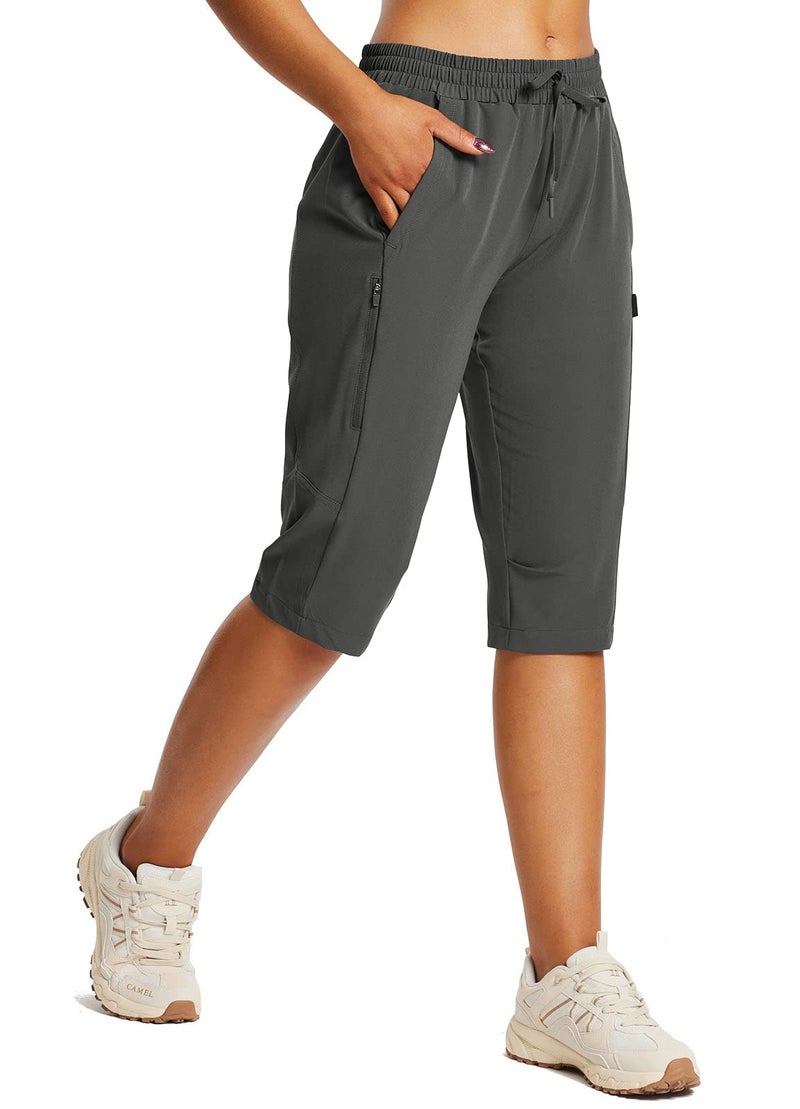 baleaf Women's Below Knee Long Hiking Cargo Shorts UPF 50 3/4 Capri Lightweight Water Resistant Zip Pocket Elastic Waist Dark Grey L - Image 1