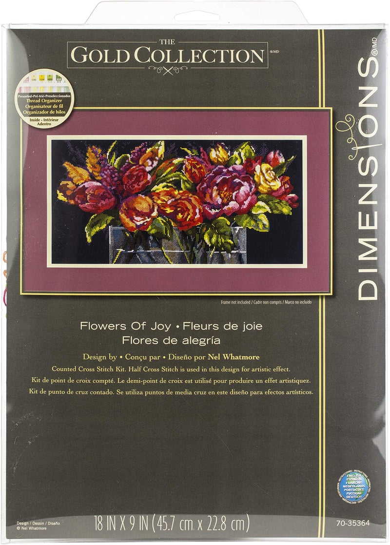 Dimensions Flowers of Joy Counted Cross Stitch Kit Gold Collection 14 Count Black Aida Cloth 18 x 9