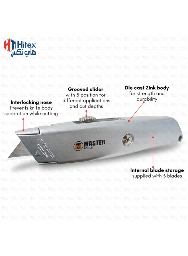 Hitex Master Heavy Duty Retractable Knife – Metal Body, 3-Position Slide, 3 Blades Included | Utility Cutter | 6" - Image 5