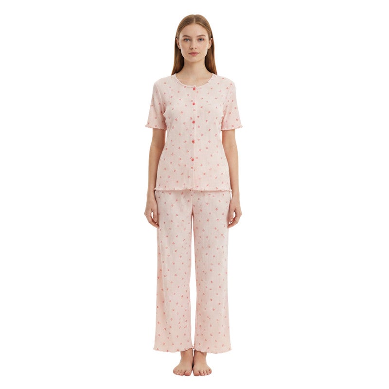 JOANNA 2-Piece Pajama Set Short Sleeve Button-Front Top and Pants Soft Printed Sleepwear for Women - Image 1