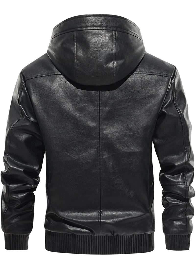 FANARCHER Men’s Faux Leather Jacket Fleece Padded Bomber Motorcycle Jacket with Hood - Image 3