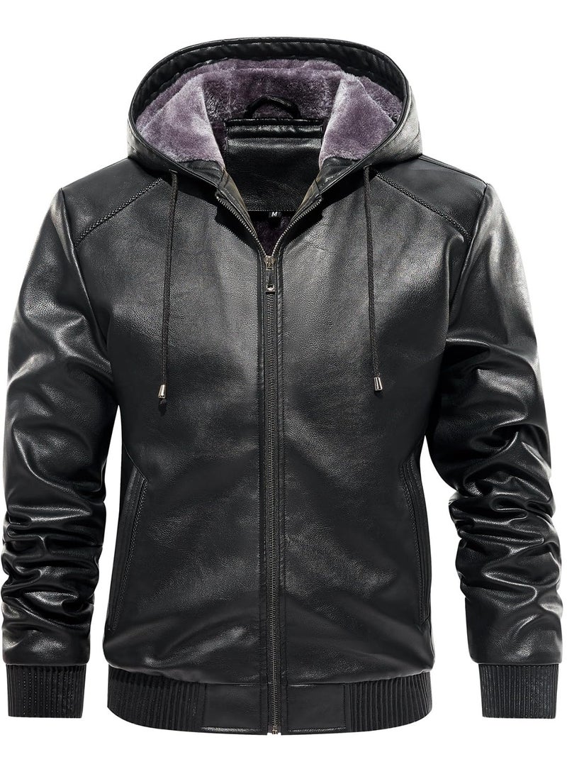 FANARCHER Men’s Faux Leather Jacket Fleece Padded Bomber Motorcycle Jacket with Hood - Image 2