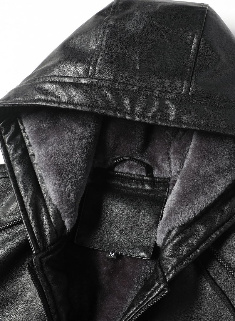 FANARCHER Men’s Faux Leather Jacket Fleece Padded Bomber Motorcycle Jacket with Hood - Image 4