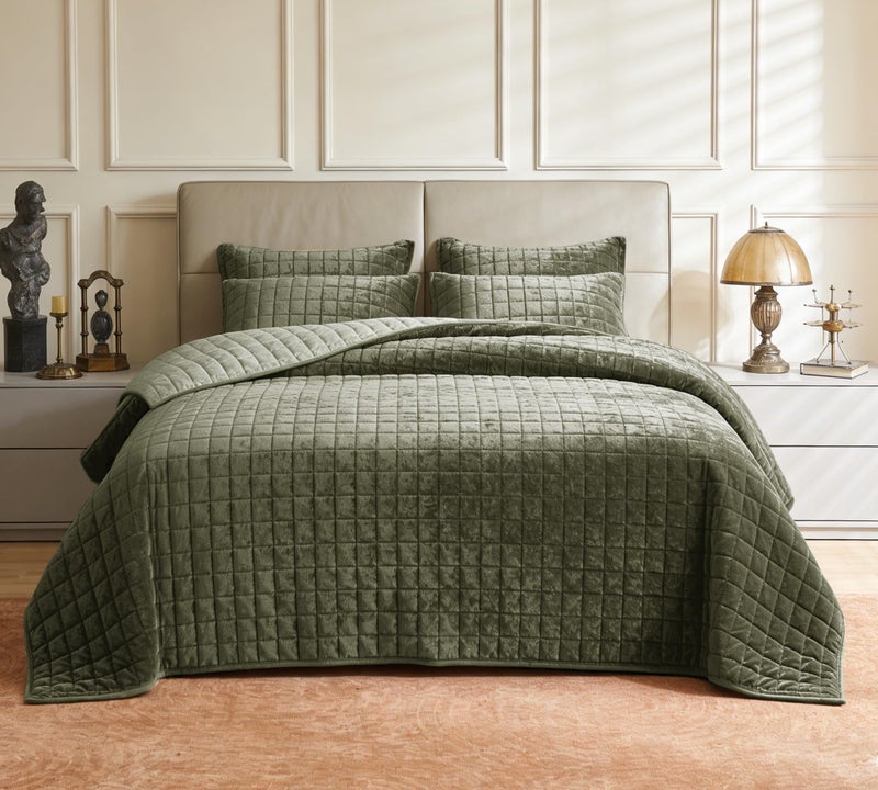 LR Rocaloca Luxurious Velvet Quilt Oversize King Size Set 120"x128" Ultra Soft Bedding Set Quilted Bedspread Coverlet with 2 Matching Pillow Shams for All Seasons,Army Green - Image 1
