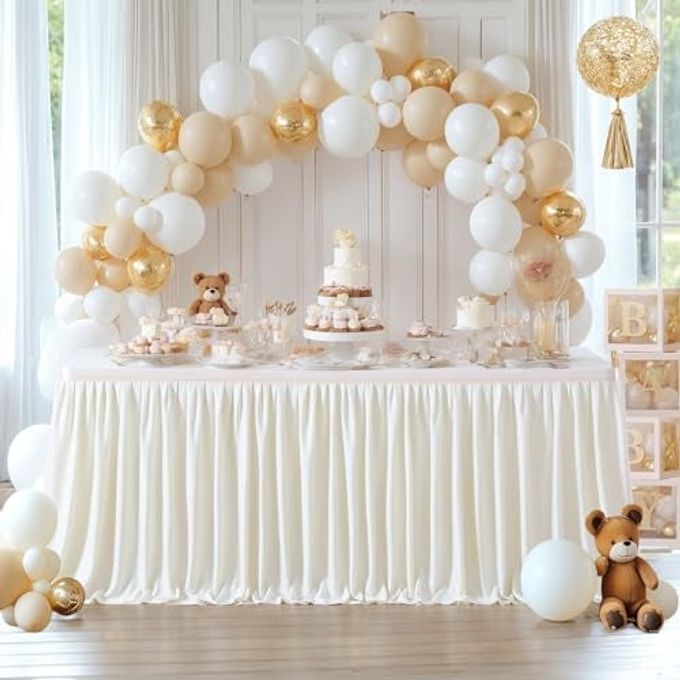 Partisky Ivory Polyester Table Skirt for Rectangle Tables 6ft, Wrinkle Resistant Pleated Ruffle Table Cloth for Banquet Wedding Trade Baby Shower Display Gift Dining Table