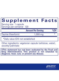 بيور إنكابسيليشن Pure Encapsulations Taurine 1,000 mg - يدعم صحة القلب والتخلص من السموم - حمض أميني أساسي - صحة الكبد والمرارة* - نباتي وخالي من الجلوتين - 120 كبسولة  - Image 2