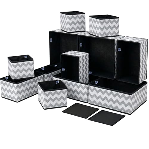 Skrill 12-Piece Foldable Cloth Storage Box Set | Cube Baskets, Bins & Dividers for Closet & Dresser Drawer Organization | Storage for Shirts, Pants, Underwear, Bras, Socks & More (Zigzag Waves Grey) - Image 1