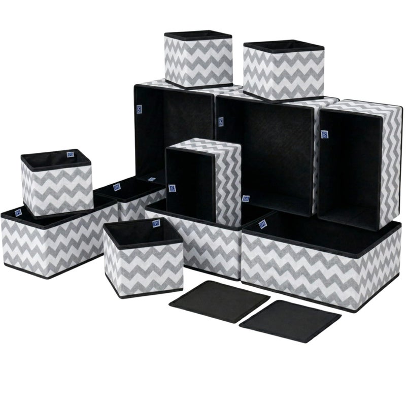 Skrill 12-Piece Foldable Cloth Storage Box Set | Cube Baskets, Bins & Dividers for Closet & Dresser Drawer Organization | Storage for Shirts, Pants, Underwear, Bras, Socks & More (Zigzag Waves Grey) - Image 5