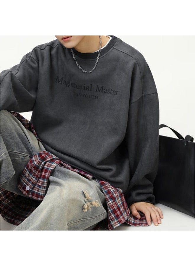 Izexx American Heavyweight Sweatshirt Men's Spring High Street Trendy Brand Crewneck Loose Casual Top Zhl52 Beige Gray 2XL - Image 2