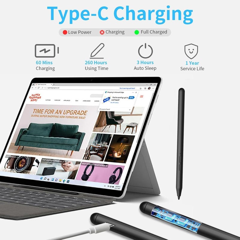 iafer Pen for Microsoft Surface Pro 10/9/8/X/7+/6/5/4/3/Surface 3, Surface Go 4/3/2/1, Surface Laptop/Studio/Book 4/3/2/1 with 4096 Pressure Sensitivity, Palm Rejection, Tilt Function (Charging Black) - Image 4