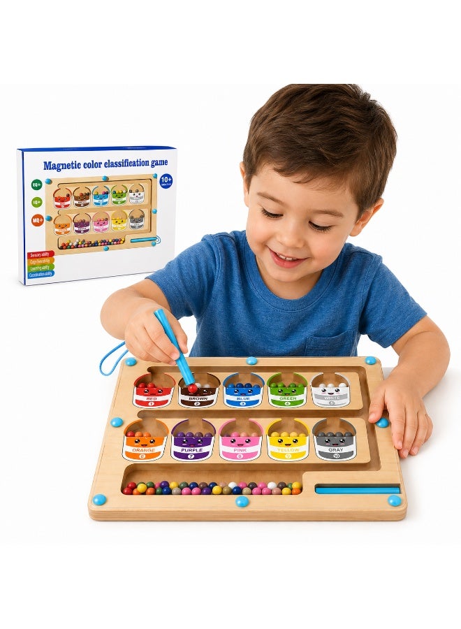 Lukadah Wooden Magnetic Color Sorting Maze Montessori Toy for Toddlers, Magnetic Color Classification Game with 80 Beads & Magnetic Pen, Fine Motor Skills Learning Board, Educational Preschool Toy for Boys & Girls Ages 3+ - Image 1