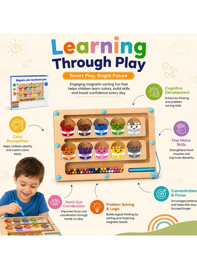 Lukadah Wooden Magnetic Color Sorting Maze Montessori Toy for Toddlers, Magnetic Color Classification Game with 80 Beads & Magnetic Pen, Fine Motor Skills Learning Board, Educational Preschool Toy for Boys & Girls Ages 3+ - Image 2