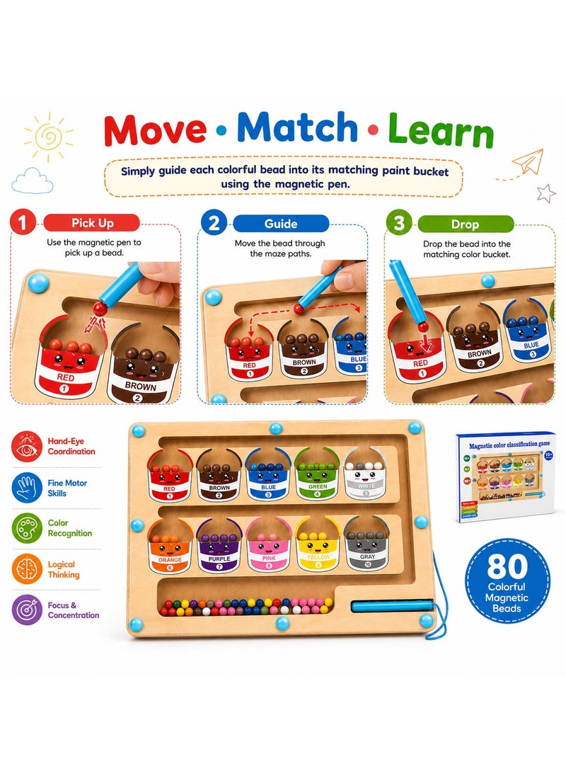 Lukadah Wooden Magnetic Color Sorting Maze Montessori Toy for Toddlers, Magnetic Color Classification Game with 80 Beads & Magnetic Pen, Fine Motor Skills Learning Board, Educational Preschool Toy for Boys & Girls Ages 3+ - Image 3