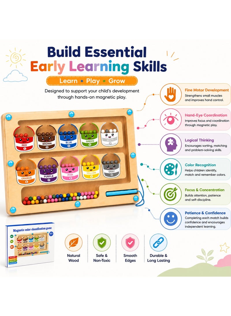Lukadah Wooden Magnetic Color Sorting Maze Montessori Toy for Toddlers, Magnetic Color Classification Game with 80 Beads & Magnetic Pen, Fine Motor Skills Learning Board, Educational Preschool Toy for Boys & Girls Ages 3+ - Image 4
