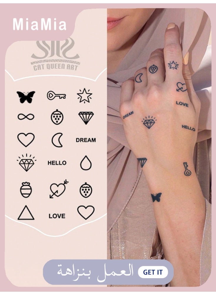 Miamia 54 Pcs Temporary Tattoos Butterfly, Heart, Diamond Pattern, Semi-permanent, Lasts 14 Days, Matte, Small Gifts for Fingers, Ears, Shoulders, Neck and Body Black - Image 1