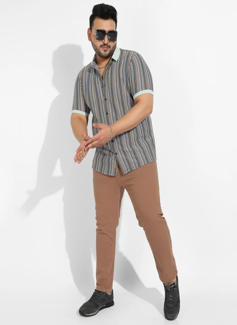 Instafab Plus  Men's Sage Green Contrast Knitted Shirt For Casual Wear | Spread Collar | Short Sleeve | Button Closure | Cotton Shirts Crafted With Comfort Fit For Everyday Wear for Men | Best Price UAE