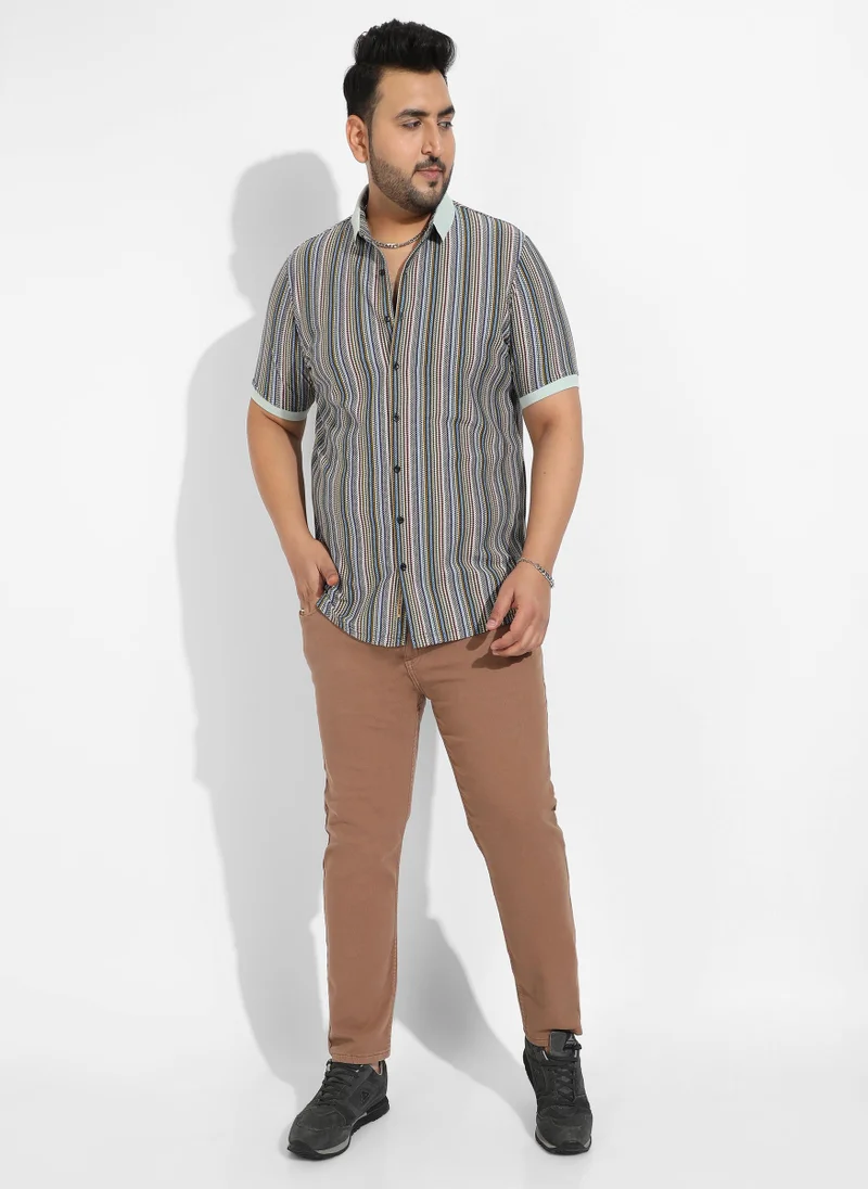 Instafab Plus  Men's Sage Green Contrast Knitted Shirt For Casual Wear | Spread Collar | Short Sleeve | Button Closure | Cotton Shirts Crafted With Comfort Fit For Everyday Wear for Men | Best Price UAE