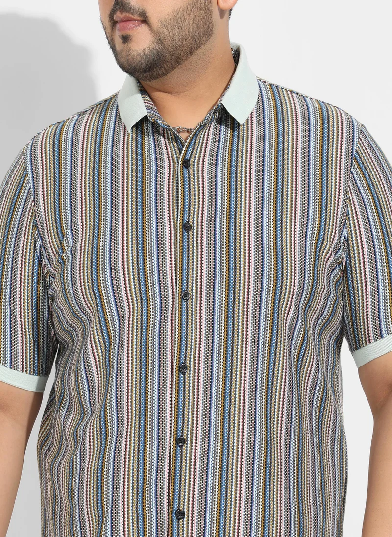 Instafab Plus  Men's Sage Green Contrast Knitted Shirt For Casual Wear | Spread Collar | Short Sleeve | Button Closure | Cotton Shirts Crafted With Comfort Fit For Everyday Wear for Men | Best Price UAE