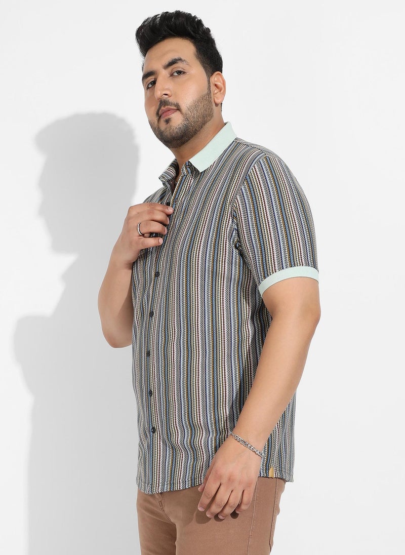 Instafab Plus Men's Sage Green Contrast Knitted Shirt For Casual Wear | Spread Collar | Short Sleeve | Button Closure | Cotton Shirts Crafted With Comfort Fit For Everyday Wear - Image 3