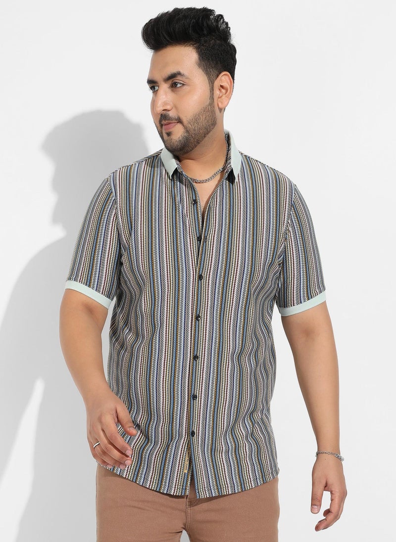 Instafab Plus Men's Sage Green Contrast Knitted Shirt For Casual Wear | Spread Collar | Short Sleeve | Button Closure | Cotton Shirts Crafted With Comfort Fit For Everyday Wear - Image 1